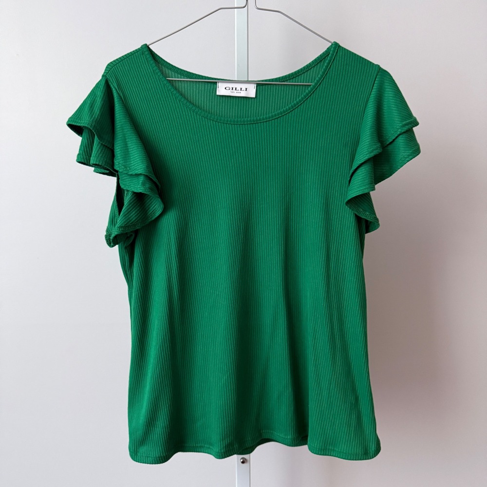 Gilli sz M Green Ribbed Flutter Sleeve T-Shirt Top Casual Chic